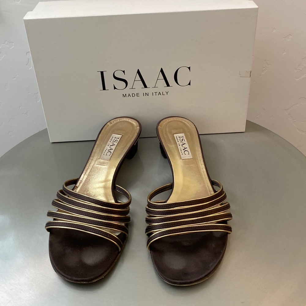 Isaac sandal. Brown with gold piping. Gently worn. Size 10